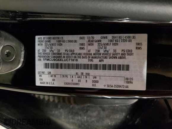 2020 Ford Escape SE with VIN 1FMCU9G6XLUC71818, listed as a Copart auction lot 62925835 with 91,809 mi miles and Salvage title. Bid and sale history available at DreamBid. Image 13.
