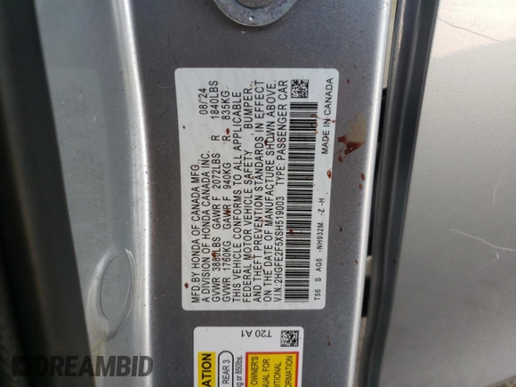 2025 Honda Civic Sport z VIN 2HGFE2F5XSH519003, wystawiony jako Copart lot #53001905 z przebiegiem 10 334 mil mil oraz Szkoda całkowita • Salvage title. Historia ofert i sprzedaży dostępna na DreamBid. Obrazek 14.