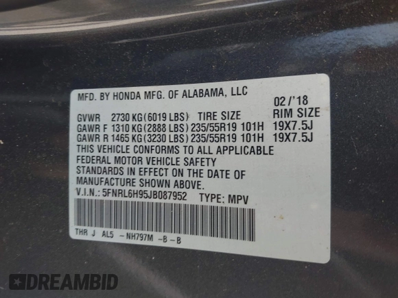 2018 Honda Odyssey Elite with VIN 5FNRL6H95JB087952, listed as a IAAI auction lot 42579817 with 96,577 mi miles and . Bid and sale history available at DreamBid. Image 9.