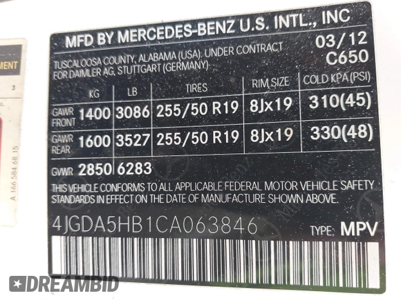 2012 Mercedes-Benz M ML 350 with VIN 4JGDA5HB1CA063846, listed as a IAAI auction lot 42032560 with 175,946 mi miles. Bid and sale history available at carsss.com. Image 9.