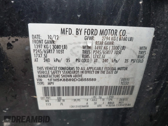 2013 Ford Explorer с VIN 1FM5K8B89DGB55589, выставлен на аукционе IAAI как лот 41858128 с пробегом 191 064 миль миль и . История ставок и продаж доступна на DreamBid. Изображение 9.