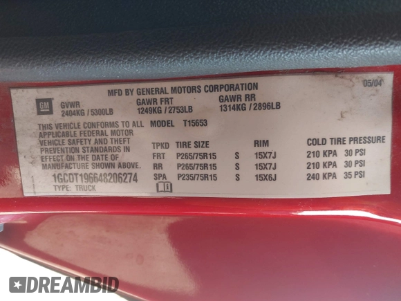2004 Chevrolet Colorado LS Z71 with VIN 1GCDT196648206274, listed as a IAAI auction lot 41860390 with 125,844 mi miles. Bid and sale history available at carsss.com. Image 9.