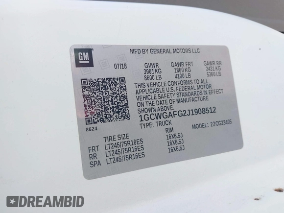 2018 Chevrolet Express Cargo with VIN 1GCWGAFG2J1908512, listed as a IAAI auction lot 42376707 with 148,081 mi miles and . Bid and sale history available at DreamBid. Image 9.