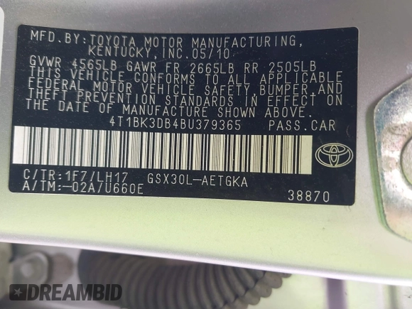 2011 Toyota Avalon with VIN 4T1BK3DB4BU379365, listed as a IAAI auction lot 41391732 with 160,563 mi miles and . Bid and sale history available at DreamBid. Image 9.