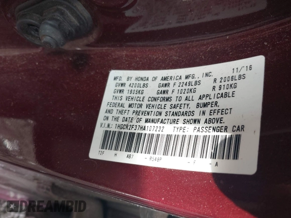 2017 Honda Accord LX with VIN 1HGCR2F37HA107232, listed as a IAAI auction lot 41825973 with 209,004 mi miles. Bid and sale history available at carsss.com. Image 9.