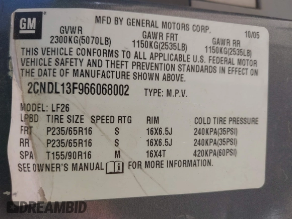 2006 Chevrolet Equinox LS with VIN 2CNDL13F966068002, listed as a IAAI auction lot 41969812 with 154,463 mi miles. Bid and sale history available at carsss.com. Image 9.