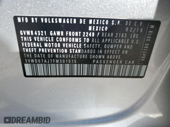 2015 Volkswagen Jetta Sedan 1.8T SE with VIN 3VWD07AJ7FM301515, listed as a Copart auction lot 42829825 with 91,342 mi miles and Salvage Title. Bid and sale history available at carsss.com. Image 12.