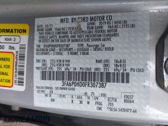 2015 Ford Fusion SE with VIN 3FA6P0HD0FR307387, listed as a IAAI auction lot 42348283 with 65,211 mi miles and . Bid and sale history available at DreamBid. Image 9.