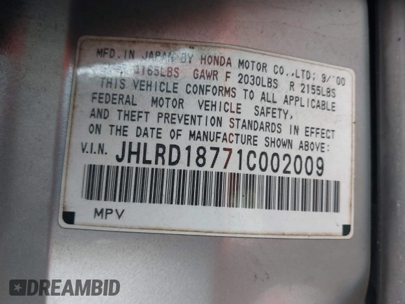 2001 Honda CR-V SE z VIN JHLRD18771C002009, wystawiony jako IAAI lot #42368432 z przebiegiem 257 664 mil mil oraz . Historia ofert i sprzedaży dostępna na DreamBid. Obrazek 9.