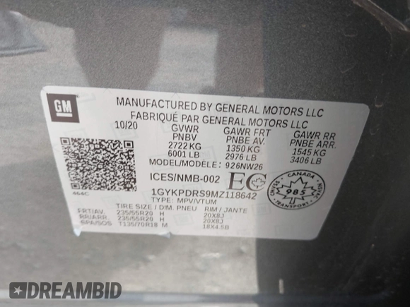 2021 Cadillac XT6 Premium Luxury with VIN 1GYKPDRS9MZ118642, listed as a IAAI auction lot 42664965 with 65,566 mi miles and . Bid and sale history available at DreamBid. Image 9.