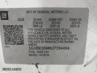 2018 Chevrolet Cruze LT with VIN 1G1BE5SM8J7194494, listed as a IAAI auction lot 41272542 with 79,539 mi miles. Bid and sale history available at carsss.com. Image 9.