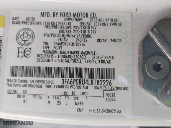 2020 Ford Fusion Hybrid Titanium with VIN 3FA6P0RU4LR182226, listed as a IAAI auction lot 41748021 with 69,234 mi miles. Bid and sale history available at carsss.com. Image 9.