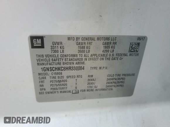 2017 Chevrolet Suburban LT z VIN 1GNSCHKC8HR330084, wystawiony jako Copart lot #52335325 z przebiegiem Nie podano mil oraz Szkoda całkowita • Salvage title. Historia ofert i sprzedaży dostępna na DreamBid. Obrazek 13.