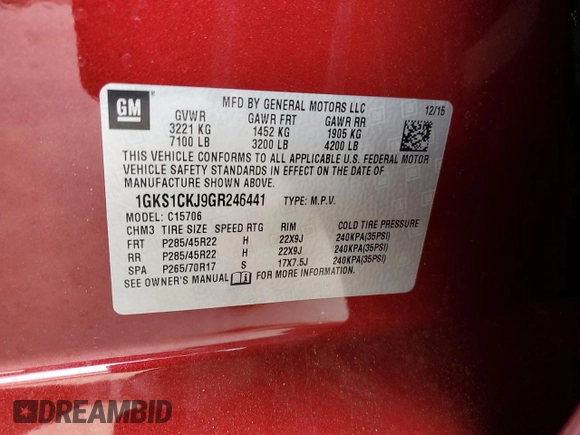 2016 GMC Yukon Denali with VIN 1GKS1CKJ9GR246441, listed as a Copart auction lot 51876925 with 158,323 mi miles and Salvage Title. Bid and sale history available at DreamBid. Image 12.