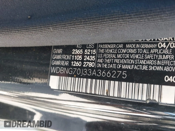 2003 Mercedes-Benz S-Class 4.3L with VIN WDBNG70J33A366275, listed as a IAAI auction lot 41856172 with 1 mi miles. Bid and sale history available at carsss.com. Image 9.