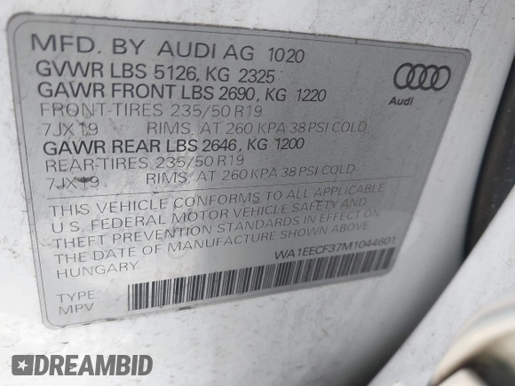 2021 Audi Q3 S line Premium Plus with VIN WA1EECF37M1044601, listed as a IAAI auction lot 41993498 with 15,300 mi miles and . Bid and sale history available at DreamBid. Image 9.