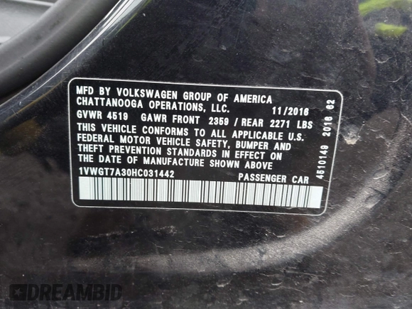 2017 Volkswagen Passat SE z VIN 1VWGT7A30HC031442, wystawiony jako IAAI lot #42008142 z przebiegiem 171 069 mil mil oraz . Historia ofert i sprzedaży dostępna na DreamBid. Obrazek 9.