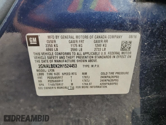 2017 Chevrolet Equinox LS with VIN 2GNALBEK2H1524453, listed as a Copart auction lot 53070015 with 0 mi miles and Salvage Title. Bid and sale history available at carsss.com. Image 13.