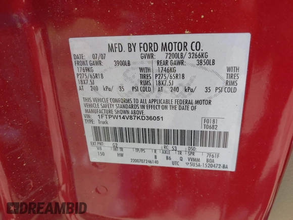 2007 Ford F-150 XLT with VIN 1FTPW14V87KD36051, listed as a IAAI auction lot 42022844 with 147,606 mi miles and . Bid and sale history available at DreamBid. Image 9.