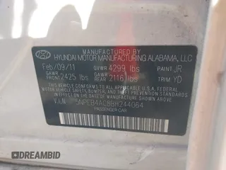 2011 Hyundai Sonata GLS with VIN 5NPEB4AC8BH244064, listed as a IAAI auction lot 41834510 with 199,762 mi miles. Bid and sale history available at carsss.com. Image 9.
