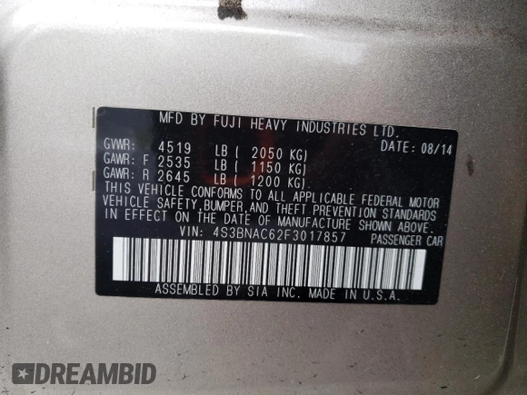 2015 Subaru Legacy Premium with VIN 4S3BNAC62F3017857, listed as a Copart auction lot 57997295 with 35,252 mi miles and Salvage title. Bid and sale history available at DreamBid. Image 12.