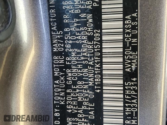 2015 Toyota Camry LE z VIN 4T1BD1FK1FU157092, wystawiony jako Copart lot #43041205 z przebiegiem 172 794 mil mil oraz Szkoda całkowita • Salvage title. Historia ofert i sprzedaży dostępna na DreamBid. Obrazek 15.