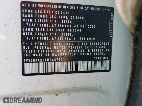 2019 Volkswagen Tiguan SE with VIN 3VV2B7AX6KM044710, listed as a Copart auction lot 46370615 with Not Provided miles and Salvage Title. Bid and sale history available at DreamBid. Image 12.