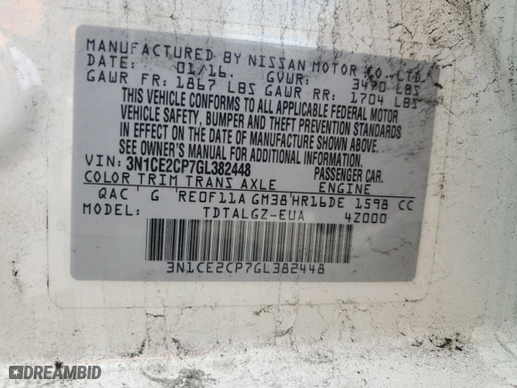 2016 Nissan Versa Note S with VIN 3N1CE2CP7GL382448, listed as a Copart auction lot 48486265 with 82,057 mi miles and Salvage Title. Bid and sale history available at carsss.com. Image 13.