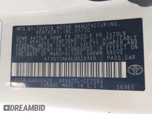 2020 Toyota Camry SE z VIN 4T1G11AK6LU929149, wystawiony jako IAAI lot #41837890 z przebiegiem 101 179 mil mil oraz . Historia ofert i sprzedaży dostępna na DreamBid. Obrazek 9.