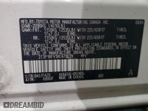 2024 Toyota RAV4 XLE with VIN 2T3P1RFV1RC479039, listed as a Copart auction lot 44535445 with 7,443 mi miles and Salvage Title. Bid and sale history available at DreamBid. Image 14.