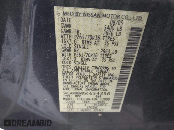 2005 Nissan Xterra S with VIN 5N1AN08W85C654356, listed as a IAAI auction lot 41879537 with 140,421 mi miles and . Bid and sale history available at DreamBid. Image 9.