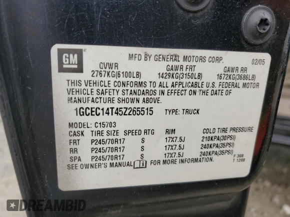 2005 Chevrolet Silverado 1500 LS with VIN 1GCEC14T45Z265515, listed as a Copart auction lot 58745165 with Not provided miles and Salvage title. Bid and sale history available at DreamBid. Image 12.