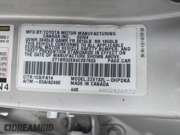 2004 Toyota Matrix Std z VIN 2T1KR32E84C287933, wystawiony jako IAAI lot #42336023 z przebiegiem 179 642 mil mil oraz . Historia ofert i sprzedaży dostępna na DreamBid. Obrazek 9.