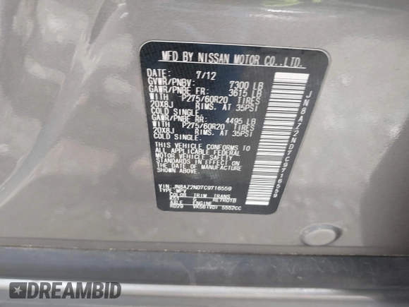 2012 Infiniti QX56 8-passenger with VIN JN8AZ2ND7C9716559, listed as a IAAI auction lot 41465078 with 184,373 mi miles and . Bid and sale history available at DreamBid. Image 9.