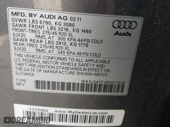 2011 Audi Q7 Premium Plus with VIN WA1LGAFE1BD007630, listed as a Copart auction lot 60173075 with 183,377 mi miles and Clean title. Bid and sale history available at DreamBid. Image 13.