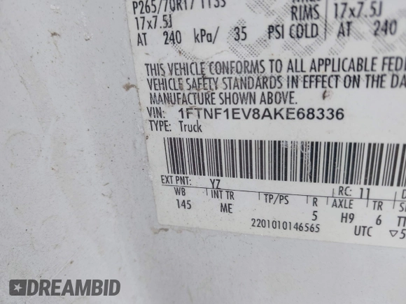 2010 Ford F-150 XL с VIN 1FTNF1EV8AKE68336, выставлен на аукционе IAAI как лот 41480913 с пробегом 147 829 миль миль и . История ставок и продаж доступна на DreamBid. Изображение 9.