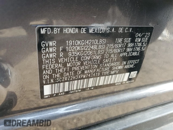 2023 Honda HR-V LX with VIN 3CZRZ2H3XPM747419, listed as a Copart auction lot 59879635 with 27,684 mi miles and Non repairable. Bid and sale history available at DreamBid. Image 13.