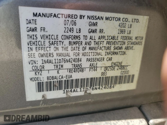 2006 Nissan Altima S with VIN 1N4AL11D76N424084, listed as a Copart auction lot 56561725 with 167,752 mi miles and Salvage title. Bid and sale history available at DreamBid. Image 12.