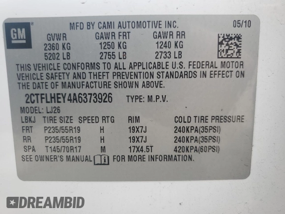 2010 GMC Terrain SLT-2 with VIN 2CTFLHEY4A6373926, listed as a Copart auction lot 55262675 with 85,806 mi miles and Clean Title. Bid and sale history available at carsss.com. Image 14.