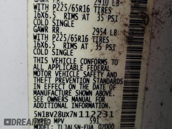 2007 Nissan Quest S with VIN 5N1BV28UX7N112231, listed as a Copart auction lot 76682764 with 167,274 mi miles and Salvage Title. Bid and sale history available at carsss.com. Image 14.