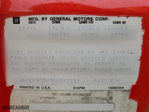 1985 Chevrolet Corvette with VIN 1G1YY0787F5112113, listed as a Copart auction lot 76953684 with 140,063 mi miles and Salvage Title. Bid and sale history available at carsss.com. Image 14.