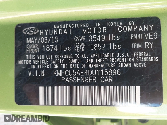 2013 Hyundai Accent SE z VIN KMHCU5AE4DU115896, wystawiony jako IAAI lot #42322656 z przebiegiem 92 391 mil mil oraz . Historia ofert i sprzedaży dostępna na DreamBid. Obrazek 9.