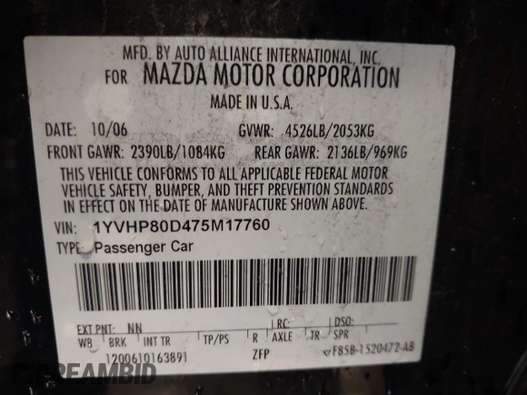 2007 Mazda 6 s Touring with VIN 1YVHP80D475M17760, listed as a IAAI auction lot 41617530 with 169,910 mi miles. Bid and sale history available at carsss.com. Image 9.