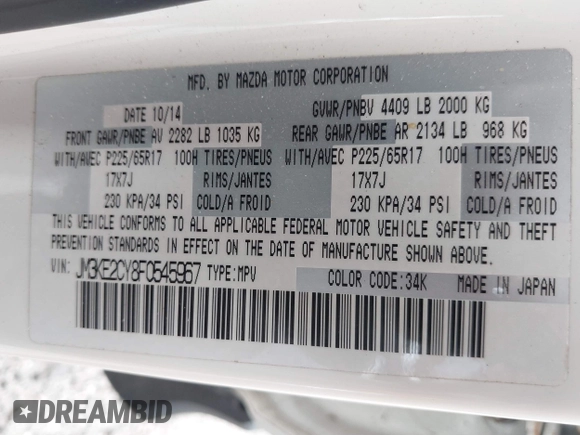 2015 Mazda CX-5 Touring with VIN JM3KE2CY8F0545967, listed as a IAAI auction lot 41909920 with 101,781 mi miles. Bid and sale history available at carsss.com. Image 9.