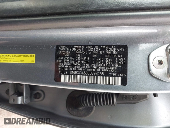 2020 Hyundai Kona Limited with VIN KM8K33A53LU398258, listed as a IAAI auction lot 41823907 with 65,915 mi miles. Bid and sale history available at carsss.com. Image 9.