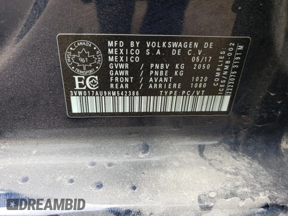 2017 Volkswagen Golf S with VIN 3VW017AU9HM542386, listed as a Copart auction lot 59942175 with 185,613 mi miles and Salvage title. Bid and sale history available at DreamBid. Image 13.