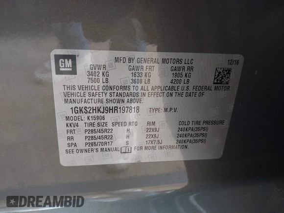 2017 GMC Yukon XL Denali with VIN 1GKS2HKJ9HR197818, listed as a IAAI auction lot 41288059 with 172,565 mi miles. Bid and sale history available at carsss.com. Image 9.
