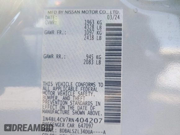 2024 Nissan Altima SR z VIN 1N4BL4CV7RN404207, wystawiony jako IAAI lot #41773141 z przebiegiem 18 463 mil mil oraz . Historia ofert i sprzedaży dostępna na DreamBid. Obrazek 9.