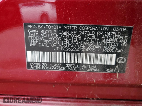 2006 Lexus IS 350 с VIN JTHBE262262004335, выставлен на аукционе Copart как лот 62864025 с пробегом 122 633 миль миль и Чистый • Clean title. История ставок и продаж доступна на DreamBid. Изображение 12.