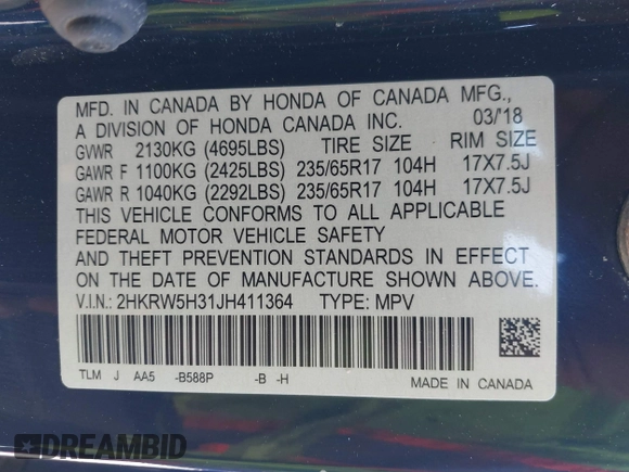 2018 Honda CR-V LX with VIN 2HKRW5H31JH411364, listed as a IAAI auction lot 41825257 with 135,468 mi miles and . Bid and sale history available at DreamBid. Image 9.